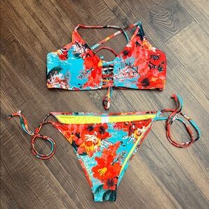 Floral Bikini Set with Lace-Up Detail